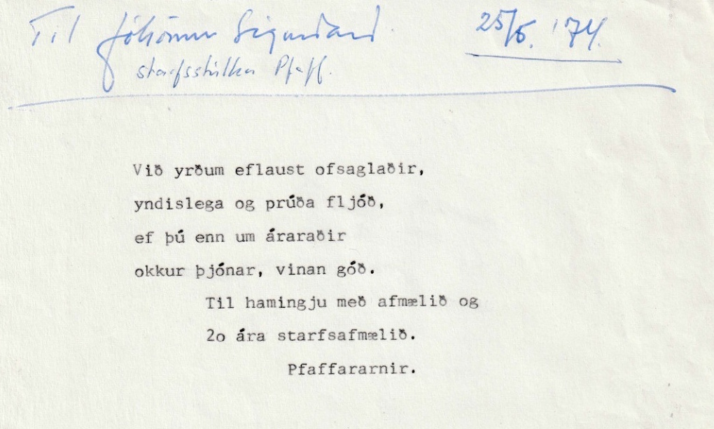 Frumgögn 1 af Til Jóhönnu Sigurðardóttir, starfsstúlku í Pfaff 25. maí 1974