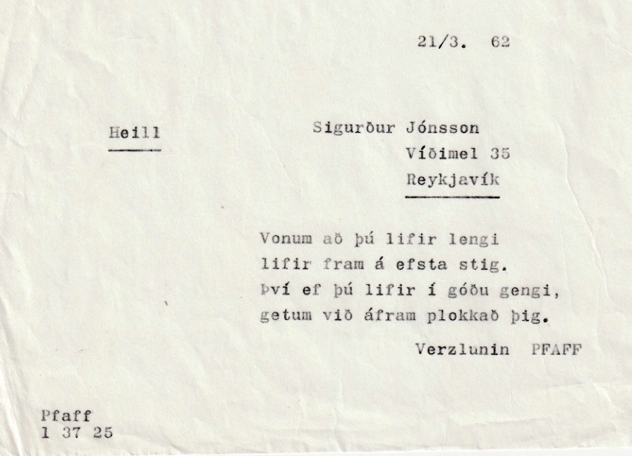 Frumgögn 1 af Afmælisvísa til Sigurðar Jónssonar 21. mars 1962