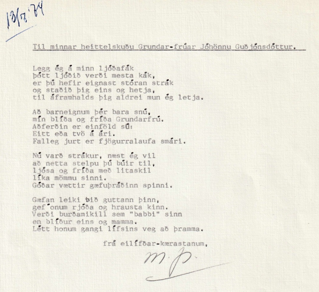Frumgögn 1 af Til minnar heittelskuðu Grund-frúar Jóhönnu Guðjónsdóttur 13. júlí 1974