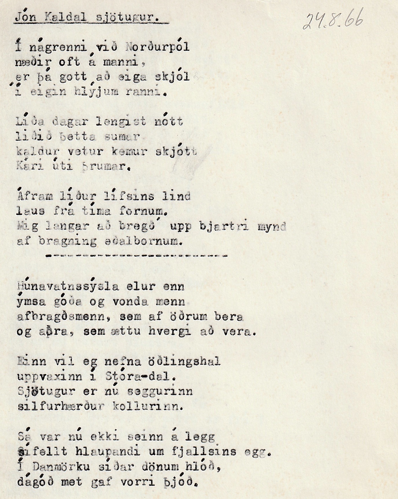 Frumgögn 1 af Jón Kaldal ljósmyndari sjötugur 24. ágúst 1966