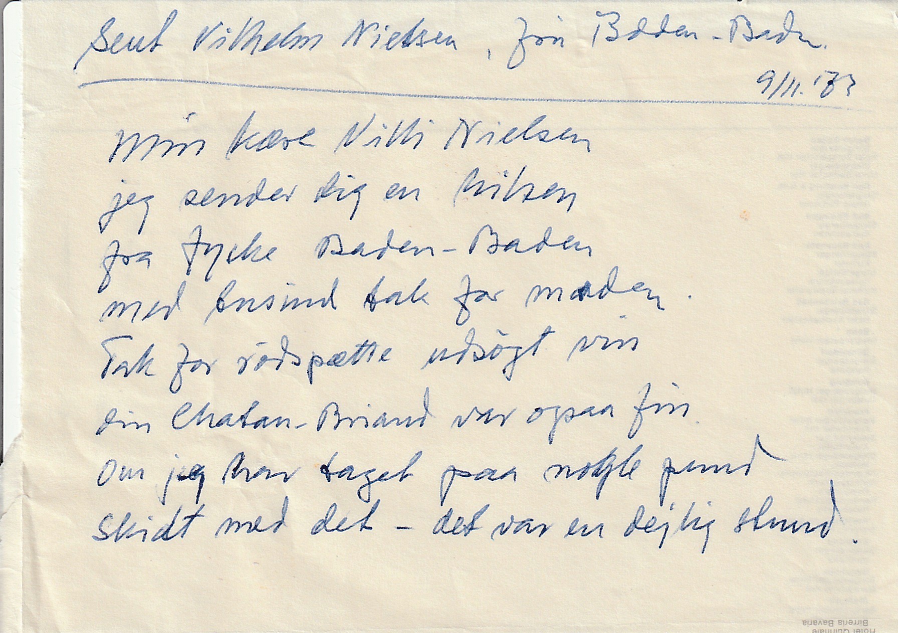 Frumgögn 1 af Sent Vilhelm Nielsen frá Baden Baden 9. nóvember 1973
