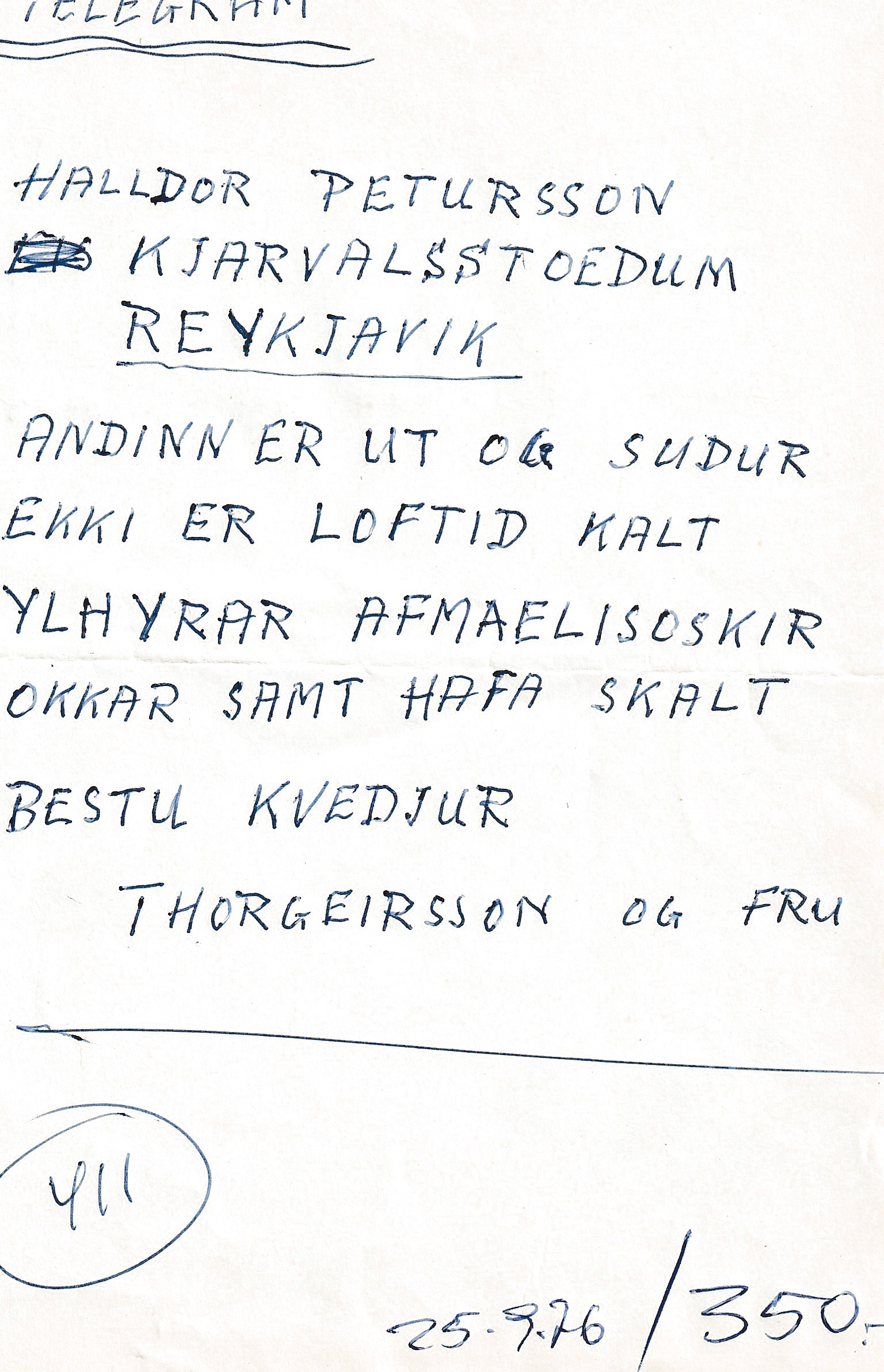 Frumgögn 1 af TELEGRAM Halldor Petursson Kjarvalsstoedum REYKJAVIK 25. september 1976