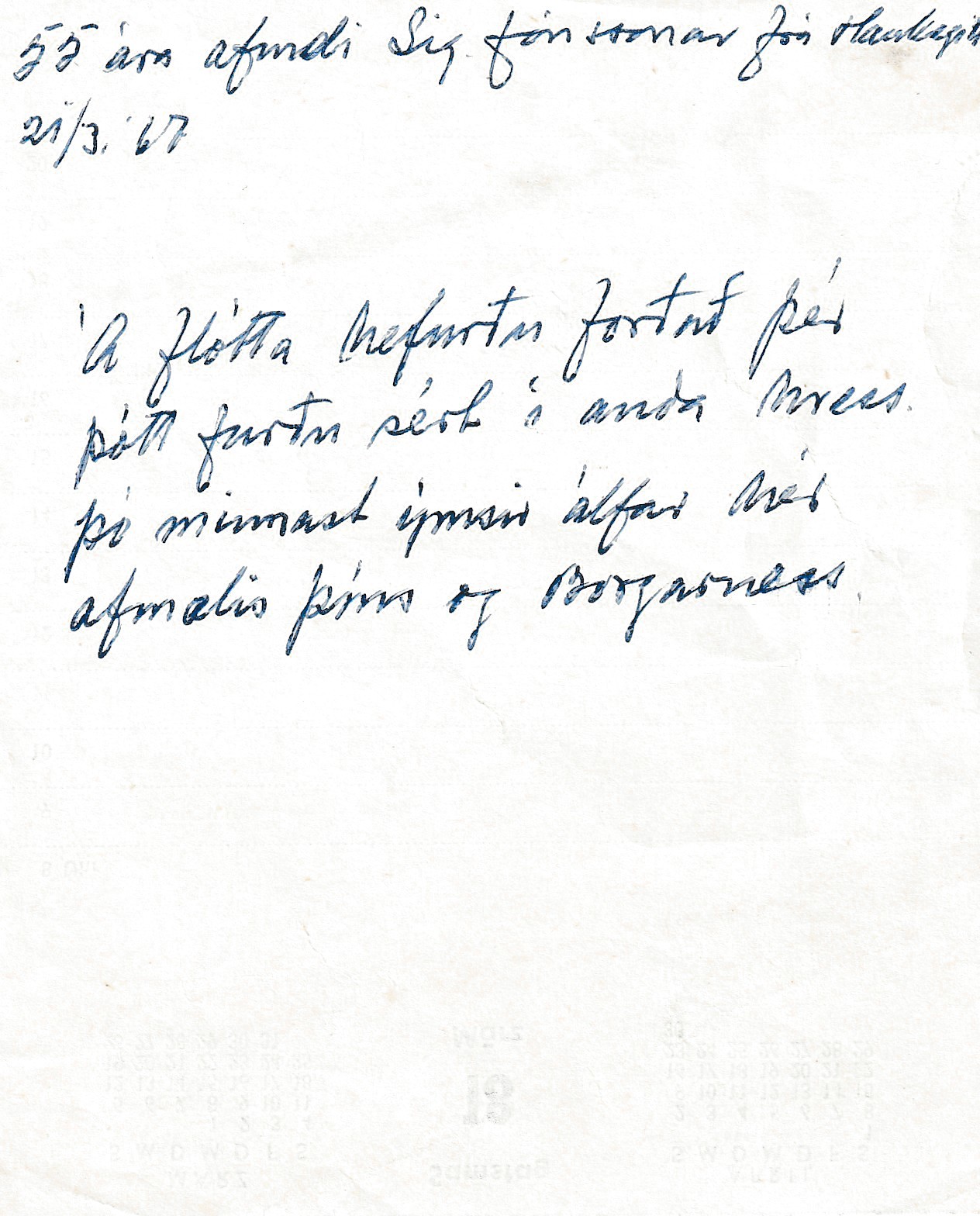 Frumgögn 1 af 55 ára afmæli Sigurðar Jónssonar frá Haukagili 21. mars 1967