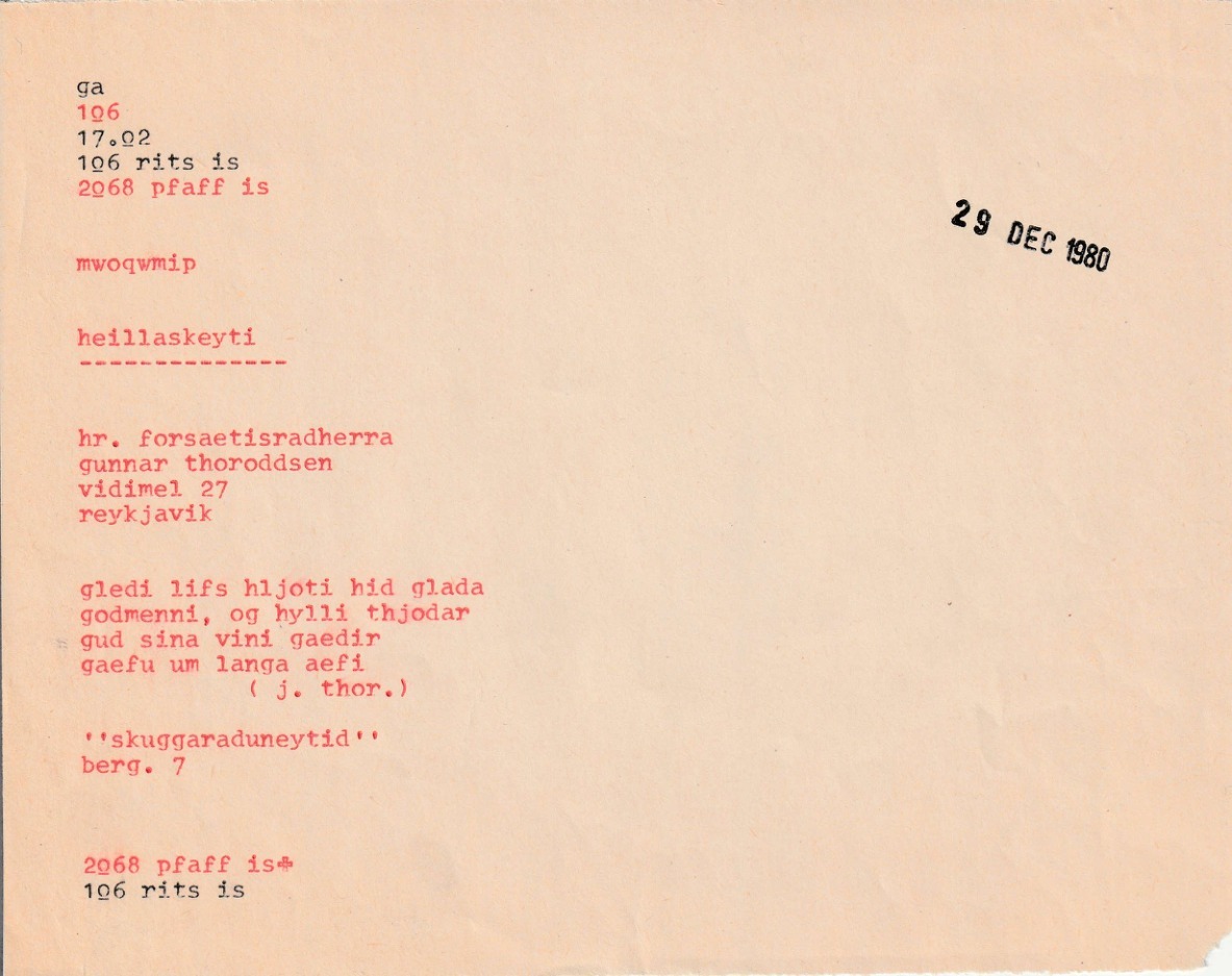 Frumgögn 1 af Heillaskeyti 29. desember 1980